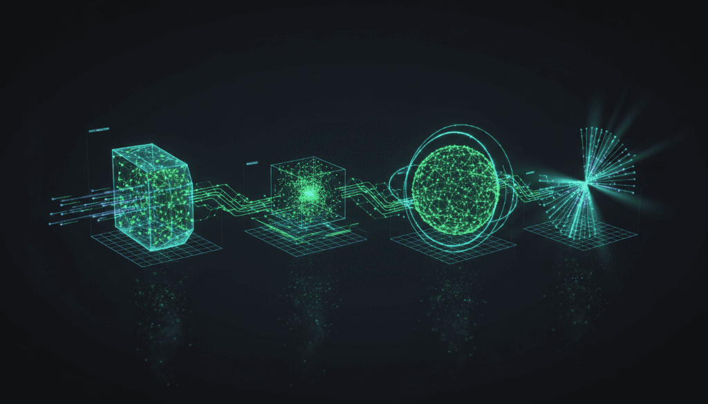 Holographic diagram of data moving through four stages — a wireframe cube, a node cluster, a glowing sphere, then an outward burst of light