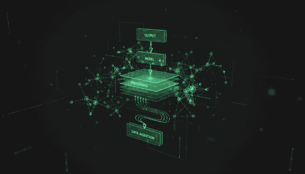 Layered architecture diagram labelled data ingestion, processing, model and output, with node clusters branching either side